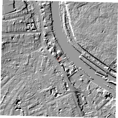 Shaded relief map of the ground around TW118AW, computed from Environment Agency LiDAR. The ground here sits at about 5 m above sea level and falls 7 m across the surrounding 800 m. Surface water reaching this point runs off ground lying to the west-north-west, 3.4 m higher.