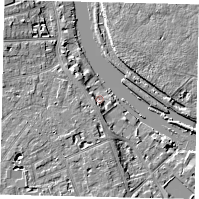 Shaded relief map of the ground around TW118AX, computed from Environment Agency LiDAR. The ground here sits at about 5 m above sea level and falls 6 m across the surrounding 800 m. Surface water reaching this point runs off ground lying to the west, 4.5 m higher.