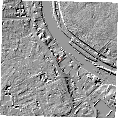 Shaded relief map of the ground around TW118AY, computed from Environment Agency LiDAR. The ground here sits at about 5 m above sea level and falls 6 m across the surrounding 800 m. Surface water reaching this point runs off ground lying to the west, 4.2 m higher.