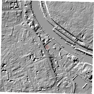 Shaded relief map of the ground around TW118AZ, computed from Environment Agency LiDAR. The ground here sits at about 5 m above sea level and falls 6 m across the surrounding 800 m. Surface water reaching this point runs off ground lying to the west-north-west, 3.0 m higher.