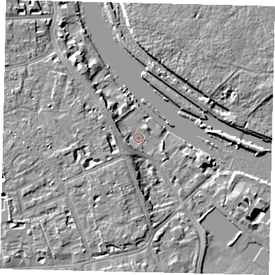 Shaded relief map of the ground around TW118BA, computed from Environment Agency LiDAR. The ground here sits at about 5 m above sea level and falls 7 m across the surrounding 800 m. Surface water reaching this point runs off ground lying to the west, 4.3 m higher.
