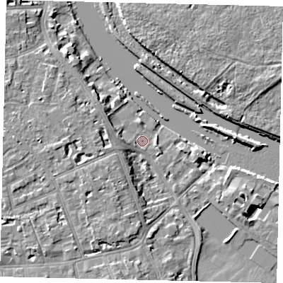 Shaded relief map of the ground around TW118BF, computed from Environment Agency LiDAR. The ground here sits at about 5 m above sea level and falls 8 m across the surrounding 800 m. Surface water reaching this point runs off ground lying to the south-south-west, 4.9 m higher.