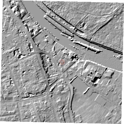 Shaded relief map of the ground around TW118BG, computed from Environment Agency LiDAR. The ground here sits at about 6 m above sea level and falls 8 m across the surrounding 800 m. Surface water reaching this point runs off ground lying to the west, 4.9 m higher.