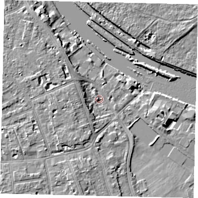Shaded relief map of the ground around TW118BH, computed from Environment Agency LiDAR. The ground here sits at about 6 m above sea level and falls 8 m across the surrounding 800 m. Surface water reaching this point runs off ground lying to the west, 4.9 m higher.