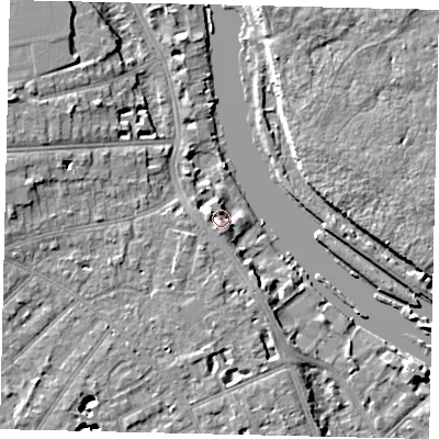 Shaded relief map of the ground around TW118BL, computed from Environment Agency LiDAR. The ground here sits at about 8 m above sea level and falls 8 m across the surrounding 800 m. Surface water reaching this point runs off ground lying to the south, 3.9 m higher.