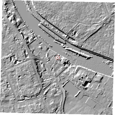 Shaded relief map of the ground around TW118BN, computed from Environment Agency LiDAR. The ground here sits at about 5 m above sea level and falls 8 m across the surrounding 800 m. Surface water reaching this point runs off ground lying to the south-south-west, 6.3 m higher.