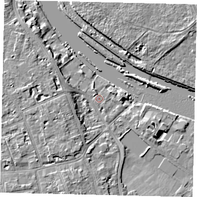 Shaded relief map of the ground around TW118BQ, computed from Environment Agency LiDAR. The ground here sits at about 5 m above sea level and falls 8 m across the surrounding 800 m. The ground contributing surface water to this point lies to the south-west.