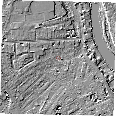 Shaded relief map of the ground around TW118NG, computed from Environment Agency LiDAR. The ground here sits at about 8 m above sea level and falls 8 m across the surrounding 800 m. Surface water reaching this point runs off ground lying to the west, 3.9 m higher.