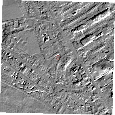 Shaded relief map of the ground around TW119DD, computed from Environment Agency LiDAR. The ground here sits at about 8 m above sea level and falls 6 m across the surrounding 800 m. Surface water reaching this point runs off ground lying to the west-north-west, 5.1 m higher.