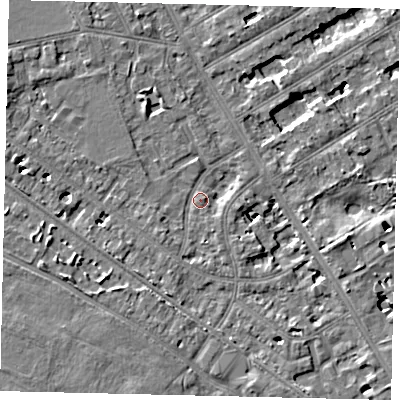 Shaded relief map of the ground around TW119DE, computed from Environment Agency LiDAR. The ground here sits at about 8 m above sea level and falls 6 m across the surrounding 800 m. Surface water reaching this point runs off ground lying to the south-west, 1.5 m higher.