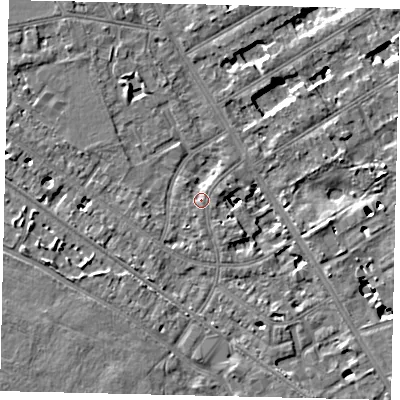 Shaded relief map of the ground around TW119DG, computed from Environment Agency LiDAR. The ground here sits at about 8 m above sea level and falls 6 m across the surrounding 800 m. Surface water reaching this point runs off ground lying to the south-south-west, 1.2 m higher.