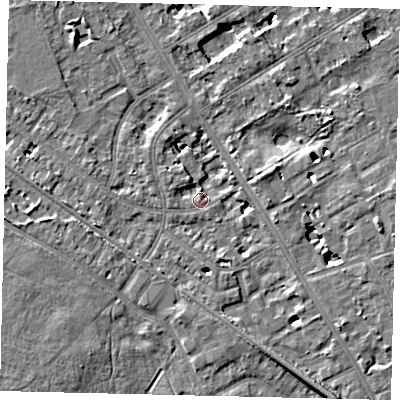 Shaded relief map of the ground around TW119DH, computed from Environment Agency LiDAR. The ground here sits at about 8 m above sea level and falls 7 m across the surrounding 800 m. Surface water reaching this point runs off ground lying to the south-south-east, 5.4 m higher.