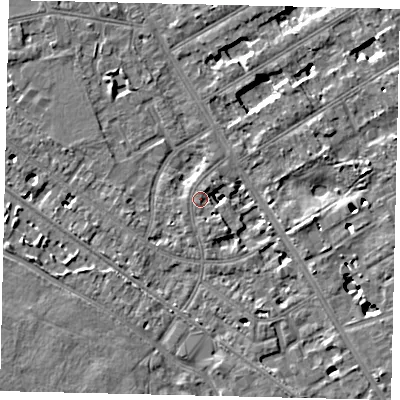 Shaded relief map of the ground around TW119DQ, computed from Environment Agency LiDAR. The ground here sits at about 9 m above sea level and falls 6 m across the surrounding 800 m. Surface water reaching this point runs off ground lying to the south-east, 4.4 m higher.