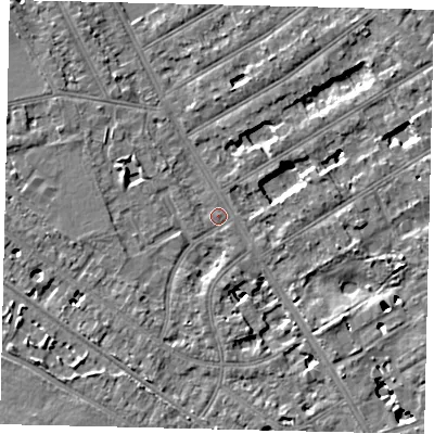 Shaded relief map of the ground around TW119DY, computed from Environment Agency LiDAR. The ground here sits at about 8 m above sea level and falls 6 m across the surrounding 800 m. Surface water reaching this point runs off ground lying to the west-north-west, 3.6 m higher.