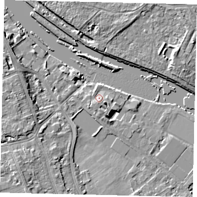 Shaded relief map of the ground around TW119FB, computed from Environment Agency LiDAR. The ground here sits at about 7 m above sea level and falls 9 m across the surrounding 800 m. Surface water reaching this point runs off ground lying to the south, 1.9 m higher.