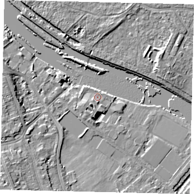 Shaded relief map of the ground around TW119FG, computed from Environment Agency LiDAR. The ground here sits at about 6 m above sea level and falls 9 m across the surrounding 800 m. Surface water reaching this point runs off ground lying to the south-west, 2.1 m higher.