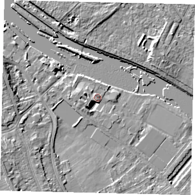 Shaded relief map of the ground around TW119FH, computed from Environment Agency LiDAR. The ground here sits at about 7 m above sea level and falls 9 m across the surrounding 800 m. Surface water reaching this point runs off ground lying to the south-south-west, 5.3 m higher.