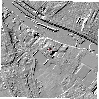 Shaded relief map of the ground around TW119FJ, computed from Environment Agency LiDAR. The ground here sits at about 7 m above sea level and falls 9 m across the surrounding 800 m. Surface water reaching this point runs off ground lying to the west-south-west, 2.5 m higher.