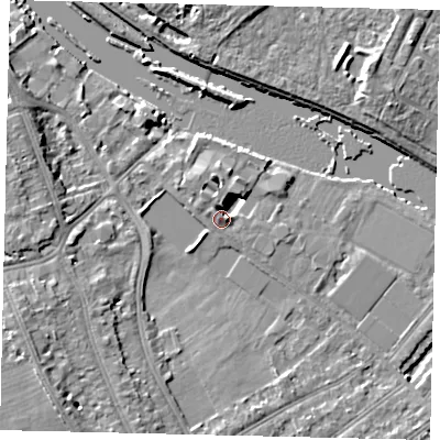 Shaded relief map of the ground around TW119FL, computed from Environment Agency LiDAR. The ground here sits at about 7 m above sea level and falls 9 m across the surrounding 800 m. Surface water reaching this point runs off ground lying to the east-north-east, 4.9 m higher.