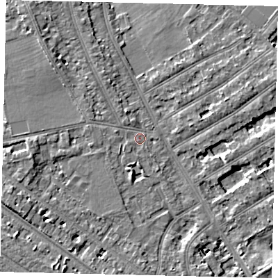 Shaded relief map of the ground around TW119HD, computed from Environment Agency LiDAR. The ground here sits at about 8 m above sea level and falls 6 m across the surrounding 800 m. Surface water reaching this point runs off ground lying to the south-south-west, 2.3 m higher.