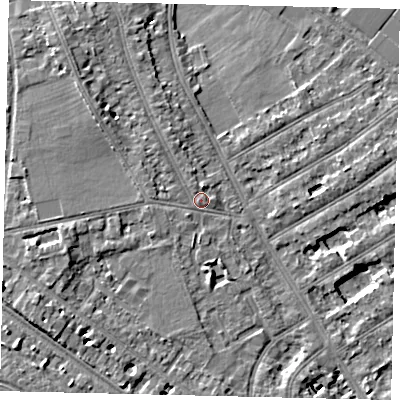 Shaded relief map of the ground around TW119HE, computed from Environment Agency LiDAR. The ground here sits at about 8 m above sea level and falls 7 m across the surrounding 800 m. Surface water reaching this point runs off ground lying to the west-north-west, 1.4 m higher.