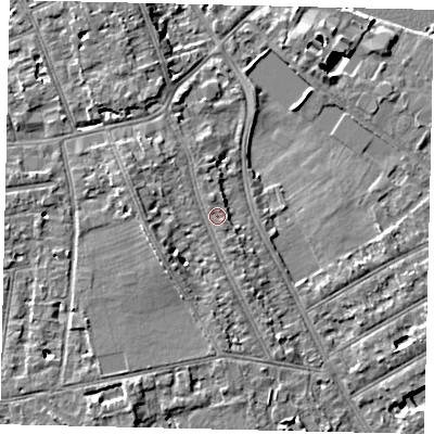 Shaded relief map of the ground around TW119HF, computed from Environment Agency LiDAR. The ground here sits at about 8 m above sea level and falls 9 m across the surrounding 800 m. Surface water reaching this point runs off ground lying to the west-south-west, 3.4 m higher.