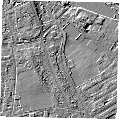 Shaded relief map of the ground around TW119HX, computed from Environment Agency LiDAR. The ground here sits at about 7 m above sea level and falls 8 m across the surrounding 800 m. Surface water reaching this point runs off ground lying to the south, 2.3 m higher.