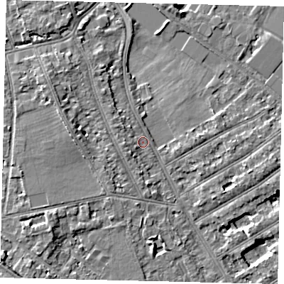 Shaded relief map of the ground around TW119HY, computed from Environment Agency LiDAR. The ground here sits at about 7 m above sea level and falls 7 m across the surrounding 800 m. Surface water reaching this point runs off ground lying to the west, 2.1 m higher.