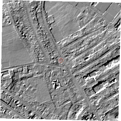 Shaded relief map of the ground around TW119JA, computed from Environment Agency LiDAR. The ground here sits at about 7 m above sea level and falls 7 m across the surrounding 800 m. Surface water reaching this point runs off ground lying to the west, 2.0 m higher.