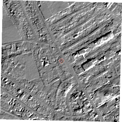 Shaded relief map of the ground around TW119JB, computed from Environment Agency LiDAR. The ground here sits at about 7 m above sea level and falls 6 m across the surrounding 800 m. Surface water reaching this point runs off ground lying to the west-north-west, 6.0 m higher.