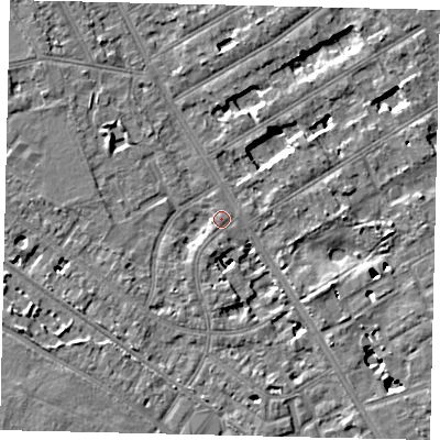 Shaded relief map of the ground around TW119JE, computed from Environment Agency LiDAR. The ground here sits at about 8 m above sea level and falls 6 m across the surrounding 800 m. Surface water reaching this point runs off ground lying to the south-south-west, 1.9 m higher.