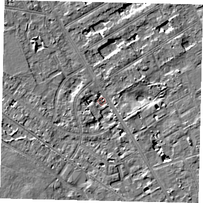 Shaded relief map of the ground around TW119JF, computed from Environment Agency LiDAR. The ground here sits at about 6 m above sea level and falls 6 m across the surrounding 800 m. Surface water reaching this point runs off ground lying to the east-south-east, 5.4 m higher.