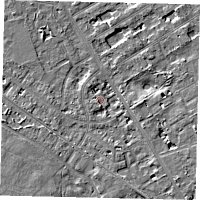 Shaded relief map of the ground around TW119JG, computed from Environment Agency LiDAR. The ground here sits at about 8 m above sea level and falls 6 m across the surrounding 800 m. Surface water reaching this point runs off ground lying to the south-south-east, 3.7 m higher.