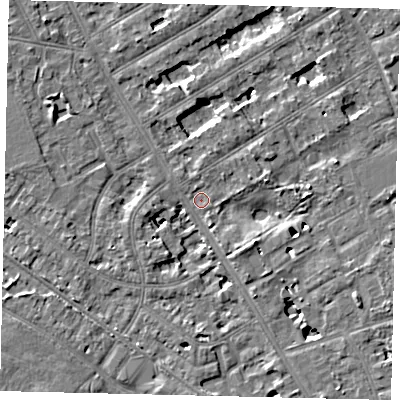 Shaded relief map of the ground around TW119JJ, computed from Environment Agency LiDAR. The ground here sits at about 7 m above sea level and falls 6 m across the surrounding 800 m. Surface water reaching this point runs off ground lying to the east-south-east, 5.4 m higher.