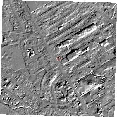 Shaded relief map of the ground around TW119JN, computed from Environment Agency LiDAR. The ground here sits at about 7 m above sea level and falls 6 m across the surrounding 800 m. Surface water reaching this point runs off ground lying to the south-east, 5.8 m higher.