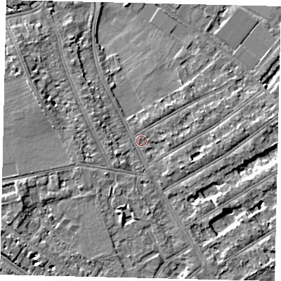 Shaded relief map of the ground around TW119JP, computed from Environment Agency LiDAR. The ground here sits at about 7 m above sea level and falls 7 m across the surrounding 800 m. Surface water reaching this point runs off ground lying to the south-south-west, 3.9 m higher.