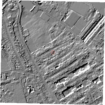 Shaded relief map of the ground around TW119JR, computed from Environment Agency LiDAR. The ground here sits at about 7 m above sea level and falls 6 m across the surrounding 800 m. Surface water reaching this point runs off ground lying to the east-south-east, 1.3 m higher.