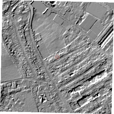 Shaded relief map of the ground around TW119JS, computed from Environment Agency LiDAR. The ground here sits at about 7 m above sea level and falls 7 m across the surrounding 800 m. Surface water reaching this point runs off ground lying to the east-south-east, 1.3 m higher.