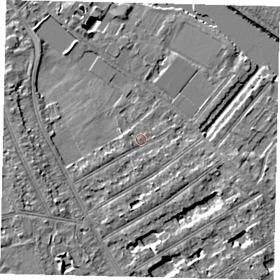 Shaded relief map of the ground around TW119JT, computed from Environment Agency LiDAR. The ground here sits at about 7 m above sea level and falls 7 m across the surrounding 800 m. Surface water reaching this point runs off ground lying to the south, 1.2 m higher.