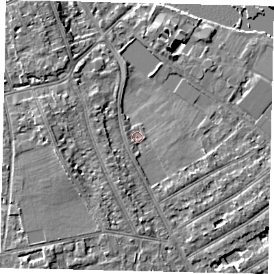 Shaded relief map of the ground around TW119JU, computed from Environment Agency LiDAR. The ground here sits at about 6 m above sea level and falls 9 m across the surrounding 800 m. Surface water reaching this point runs off ground lying to the south, 1.2 m higher.