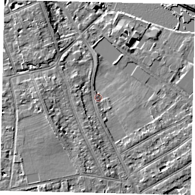 Shaded relief map of the ground around TW119JX, computed from Environment Agency LiDAR. The ground here sits at about 6 m above sea level and falls 8 m across the surrounding 800 m. Surface water reaching this point runs off ground lying to the south, 4.2 m higher.