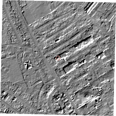 Shaded relief map of the ground around TW119LA, computed from Environment Agency LiDAR. The ground here sits at about 6 m above sea level and falls 6 m across the surrounding 800 m. Surface water reaching this point runs off ground lying to the south-south-east, 5.8 m higher.