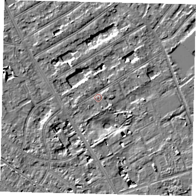 Shaded relief map of the ground around TW119LF, computed from Environment Agency LiDAR. The ground here sits at about 8 m above sea level and falls 7 m across the surrounding 800 m. Surface water reaching this point runs off ground lying to the south-east, 1.2 m higher.