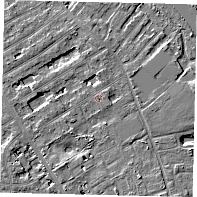 Shaded relief map of the ground around TW119LG, computed from Environment Agency LiDAR. The ground here sits at about 8 m above sea level and falls 7 m across the surrounding 800 m. Surface water reaching this point runs off ground lying to the south-south-west, 2.4 m higher.