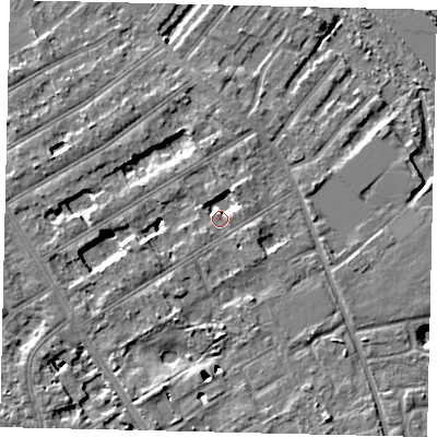 Shaded relief map of the ground around TW119LH, computed from Environment Agency LiDAR. The ground here sits at about 7 m above sea level and falls 7 m across the surrounding 800 m. Surface water reaching this point runs off ground lying to the south-west, 4.8 m higher.