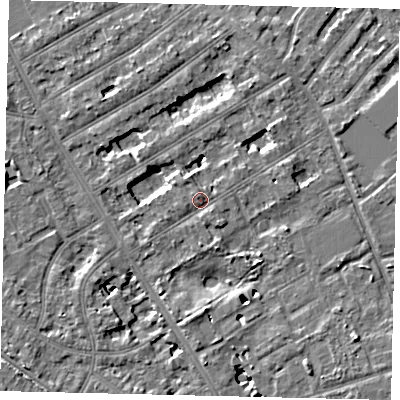 Shaded relief map of the ground around TW119LJ, computed from Environment Agency LiDAR. The ground here sits at about 8 m above sea level and falls 7 m across the surrounding 800 m. Surface water reaching this point runs off ground lying to the north-west, 1.1 m higher.