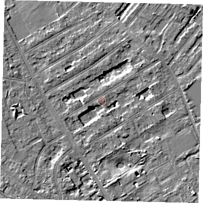 Shaded relief map of the ground around TW119LL, computed from Environment Agency LiDAR. The ground here sits at about 8 m above sea level and falls 7 m across the surrounding 800 m. Surface water reaching this point runs off ground lying to the south-south-east, 5.8 m higher.