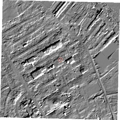 Shaded relief map of the ground around TW119LN, computed from Environment Agency LiDAR. The ground here sits at about 7 m above sea level and falls 7 m across the surrounding 800 m. Surface water reaching this point runs off ground lying to the south-west, 4.8 m higher.