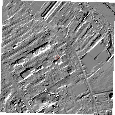 Shaded relief map of the ground around TW119LP, computed from Environment Agency LiDAR. The ground here sits at about 7 m above sea level and falls 6 m across the surrounding 800 m. Surface water reaching this point runs off ground lying to the south-west, 4.8 m higher.