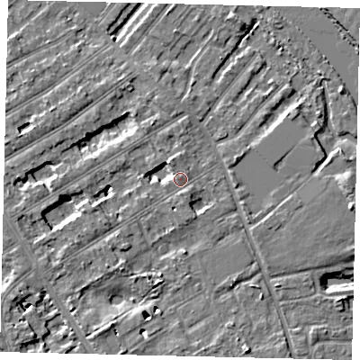 Shaded relief map of the ground around TW119LQ, computed from Environment Agency LiDAR. The ground here sits at about 8 m above sea level and falls 7 m across the surrounding 800 m. Surface water reaching this point runs off ground lying to the south, 2.3 m higher.